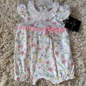 Laura Ashley White Floral Lace-Collar Baby Romper with Pink Ribbon